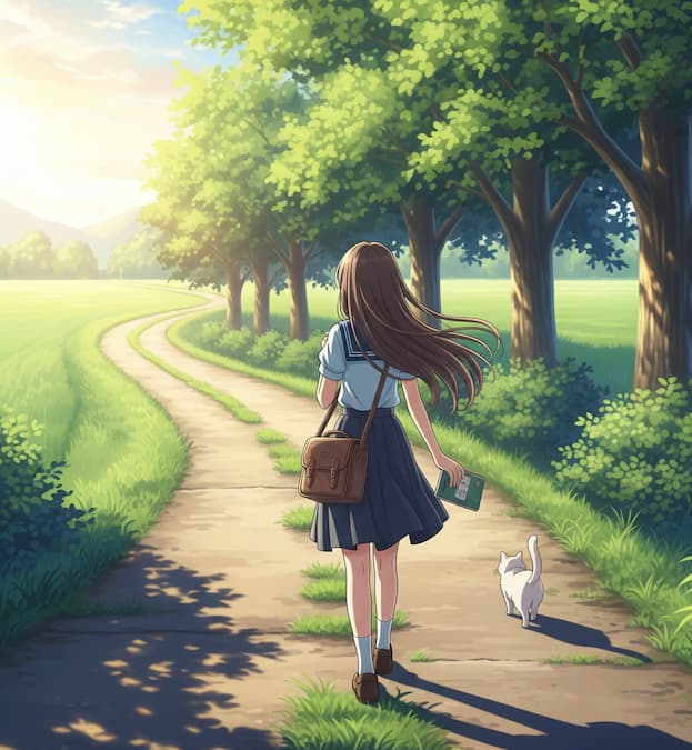 Anime-style illustration of a person carrying a small bag and notebook, walking down a quiet rural path at sunrise with a cat following behind. Soft light filters through trees, evoking calm and hope.