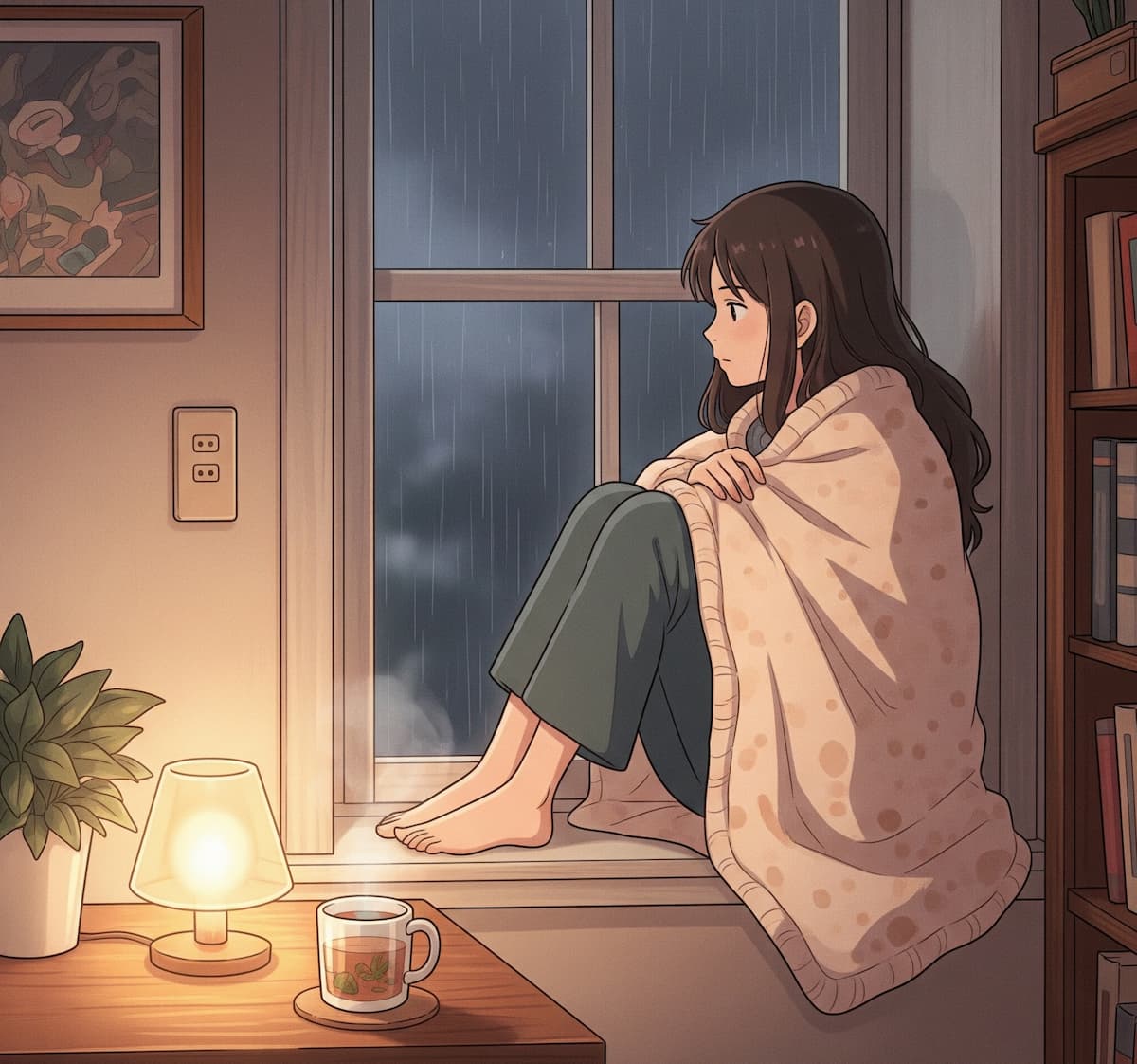 Anime-style illustration of a person sitting by a rainy window, wrapped in a blanket with tea, evoking gentle melancholy and peace.