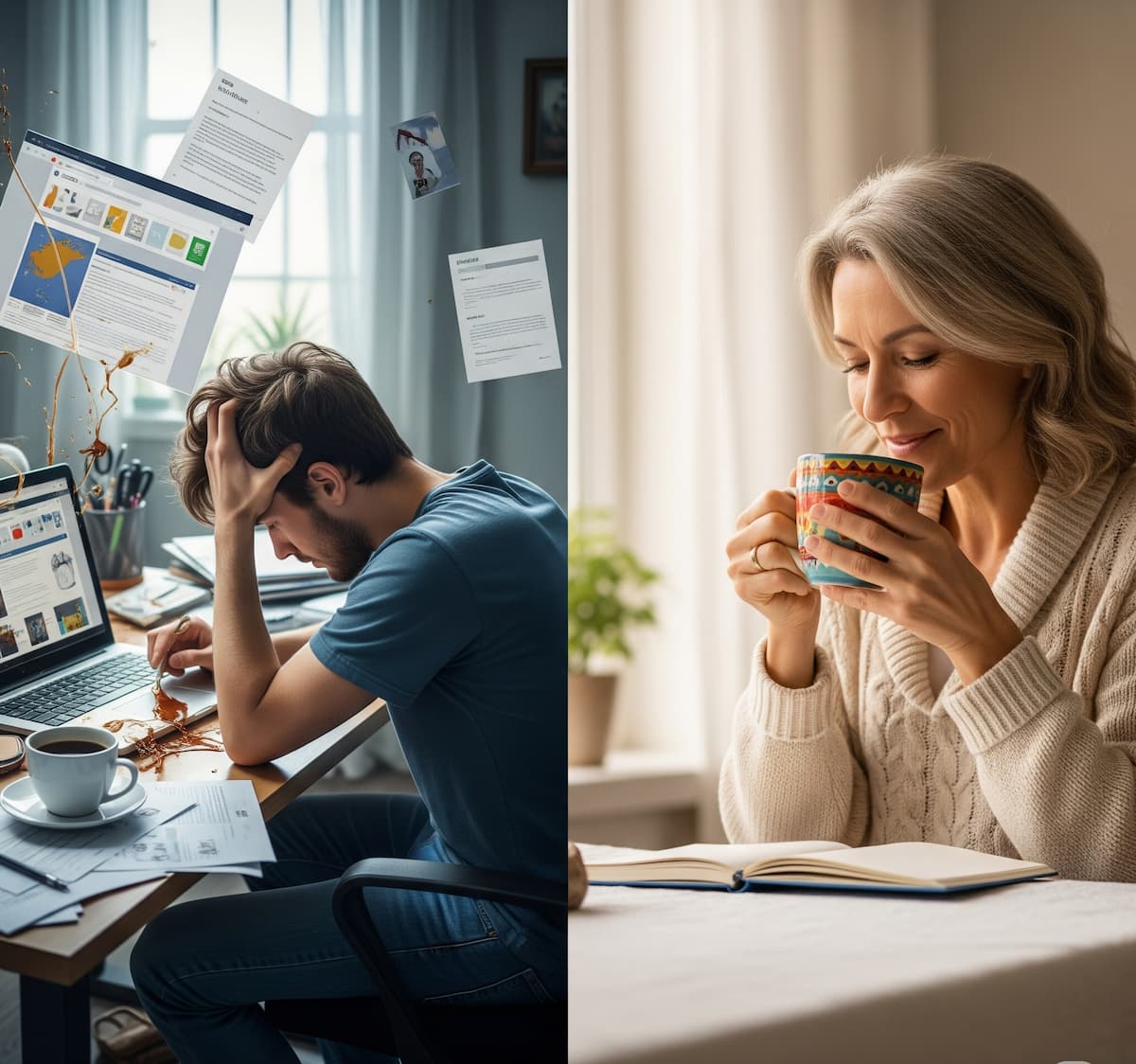 Split-screen image showing a chaotic desk and stressed person on the left, and a calm person journaling with chai on the right."
