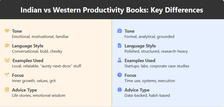 Side-by-side infographic comparing Indian and Western productivity books across tone, language, examples, focus, and advice type.