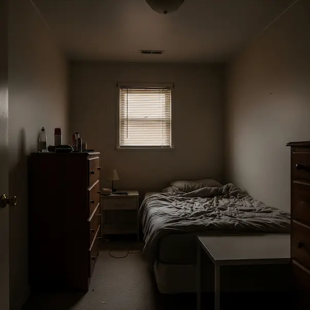 Small, dimly lit bedroom with plain beige walls, mismatched wooden furniture, no wall art, and minimal decor. The bed is unmade with dull gray bedding, creating a flat, lifeless atmosphere.