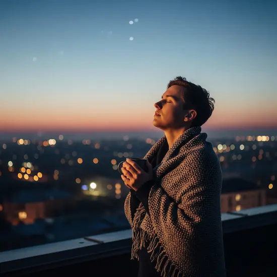 A person stands quietly on a rooftop at dusk, wrapped in a shawl and holding a warm mug. Eyes closed, they face the fading light as stars begin to appear. The moment feels calm, reflective, and quietly strong — a visual of emotional acceptance.