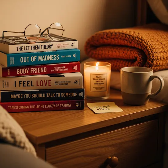 A cozy bedside table with emotionally powerful books — The Let Them Theory, Out of Madness, Body Friend, I Feel Love, Maybe You Should Talk to Someone, Transforming the Living Legacy of Trauma — surrounded by a lit candle, reading glasses, a half-full mug, and a folded blanket, bathed in warm golden light.