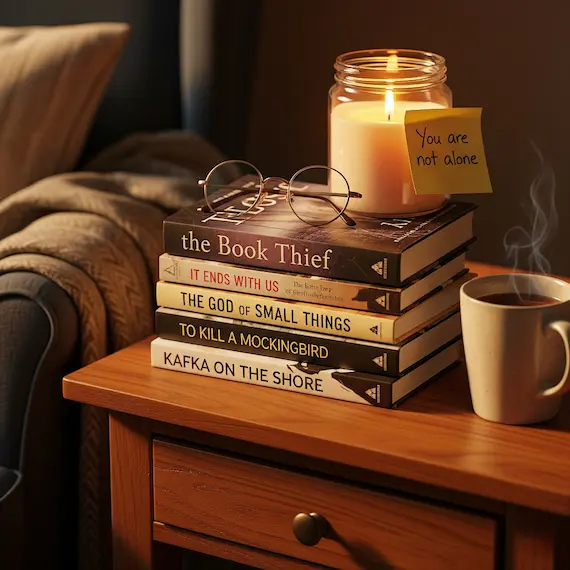 A warmly lit wooden table with six emotionally powerful books stacked beside a lit candle, a folded blanket, and a sticky note reading “Still becoming.”