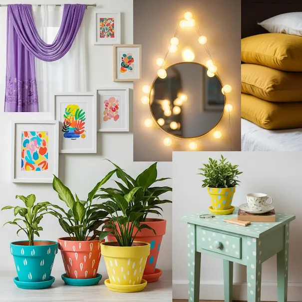 Collage of colorful budget decor ideas including painted plant pots, fairy lights around a round mirror, mustard yellow cushions, lavender dupatta curtains, framed abstract art, and a pastel painted side table with a plant and teacup.