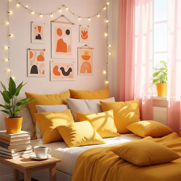 Cozy bedroom corner with pastel pink curtains, mustard yellow cushions, potted plants, fairy lights, handmade wall art, and natural sunlight streaming in.