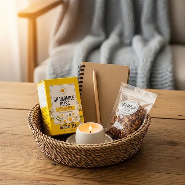 DIY self-care basket with tea, candle, and notebook, cheap self care ideas