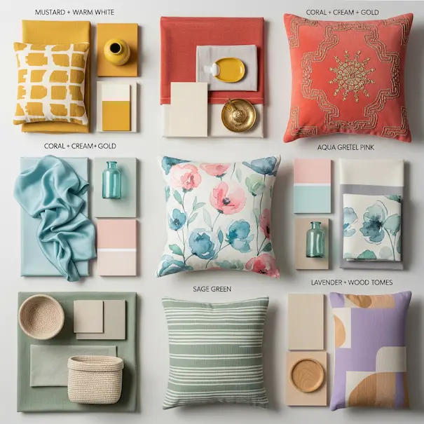 Flat-lay of dopamine decor color palettes featuring mustard yellow, pastel pink, aqua blue, sage green, and lavender. Includes fabric swatches, patterned cushions, paint chips, and small decor items arranged on a table in natural daylight