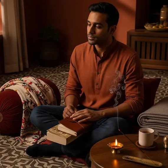 An Indian room at twilight with warm lighting, a person closing their journal beside a book, cooling chai and fading incense nearby. A moment of peaceful reflection.