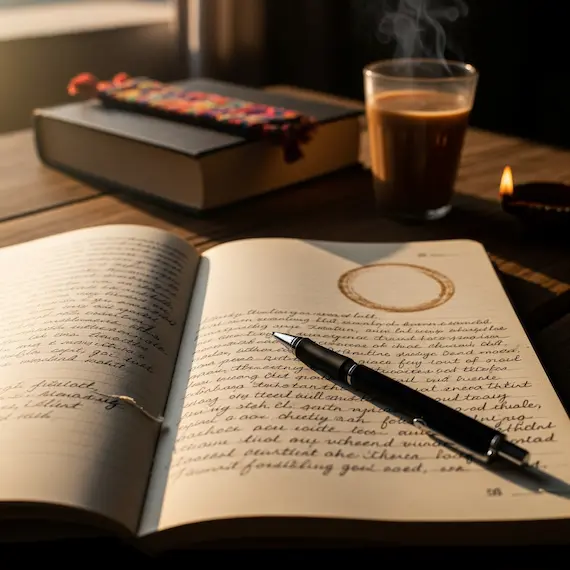 Open journal with emotional cursive writing, a pen resting across the page, with chai, diya, and a closed book in the background.