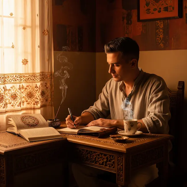A person journaling at a cozy Indian-style desk with chai, incense smoke, soft sunlight, and a book nearby, creating a warm and reflective space.