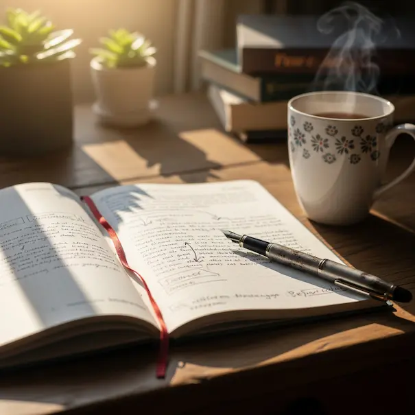 Open notebook with pen and tea, cheap self care ideas for mental clarity