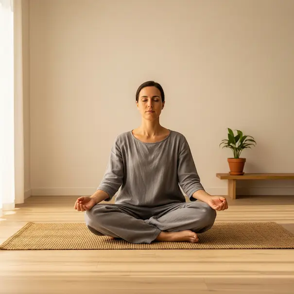 Person practicing mindful breathing at home, cheap self care ideas in action