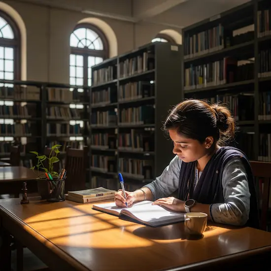 Student journaling in a library corner, illustrating budget-friendly mental wellness in India