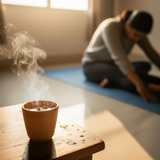 Steaming cup of chai and stretching exercise mat, representing affordable self-care in India