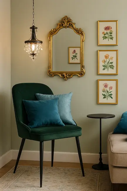 Real-life Rococo Revival living room corner with gold ornate mirror, framed floral botanical prints, and emerald velvet chair