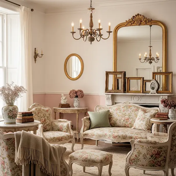 Elegant Rococo Revival living room with floral upholstered furniture, gold-framed mirrors, and vintage décor accents