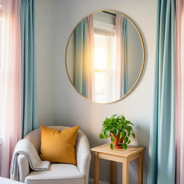Cozy small bedroom corner with large round mirror, pastel pink and blue curtains, mustard cushion chair, and potted plant reflecting sunlight.