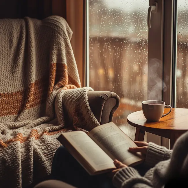 A softly lit reading nook on a rainy day, with a blanket-draped chair, a steaming cup of tea on a wooden table, and an open book resting in someone's lap. Raindrops blur the outside world, inviting quiet reflection and emotional healing through story.