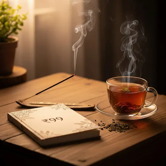 Incense, journal, and tulsi tea arranged as a personal ritual kit for budget self-care in India