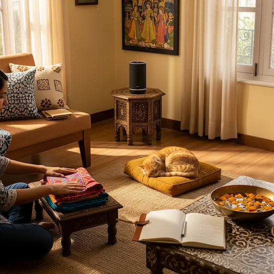 A cozy living room bathed in afternoon sunlight, with a person folding laundry, a cat napping nearby, and a half-written journal on a table — symbolizing emotional healing and calm.