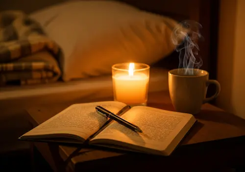 Open journal, glowing candle, and steaming cup of tea on a bedside nightstand in warm lighting, symbolizing a calming bedtime self-care routine