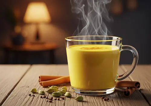 Steaming glass of turmeric milk on a rustic table with cardamom and spices, showing a natural bedtime sleep ritual