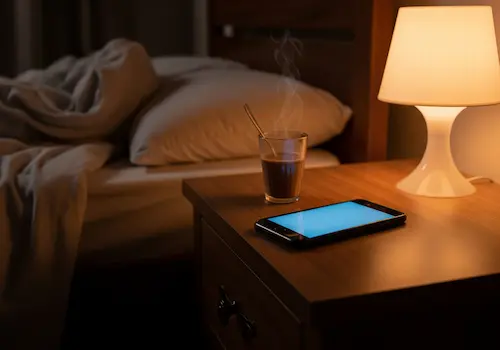 Glowing smartphone on bedside nightstand with half-empty chai cup, symbolizing late-night distractions and poor sleep habits