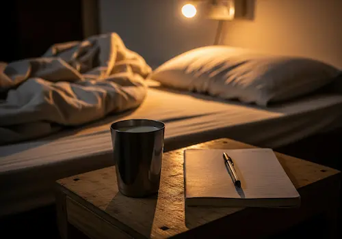 Steel glass of warm milk and a notebook on a bedside table, symbolizing simple Indian bedtime self-care rituals for better sleep